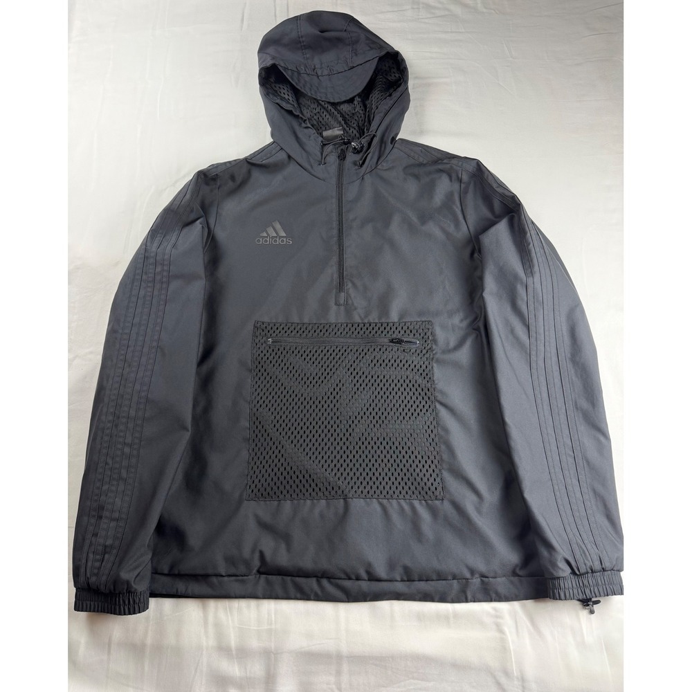 Adidas Kids Black Quarter Zip Hooded Windbreaker Jacket CZ7262 Size Medium 12-14